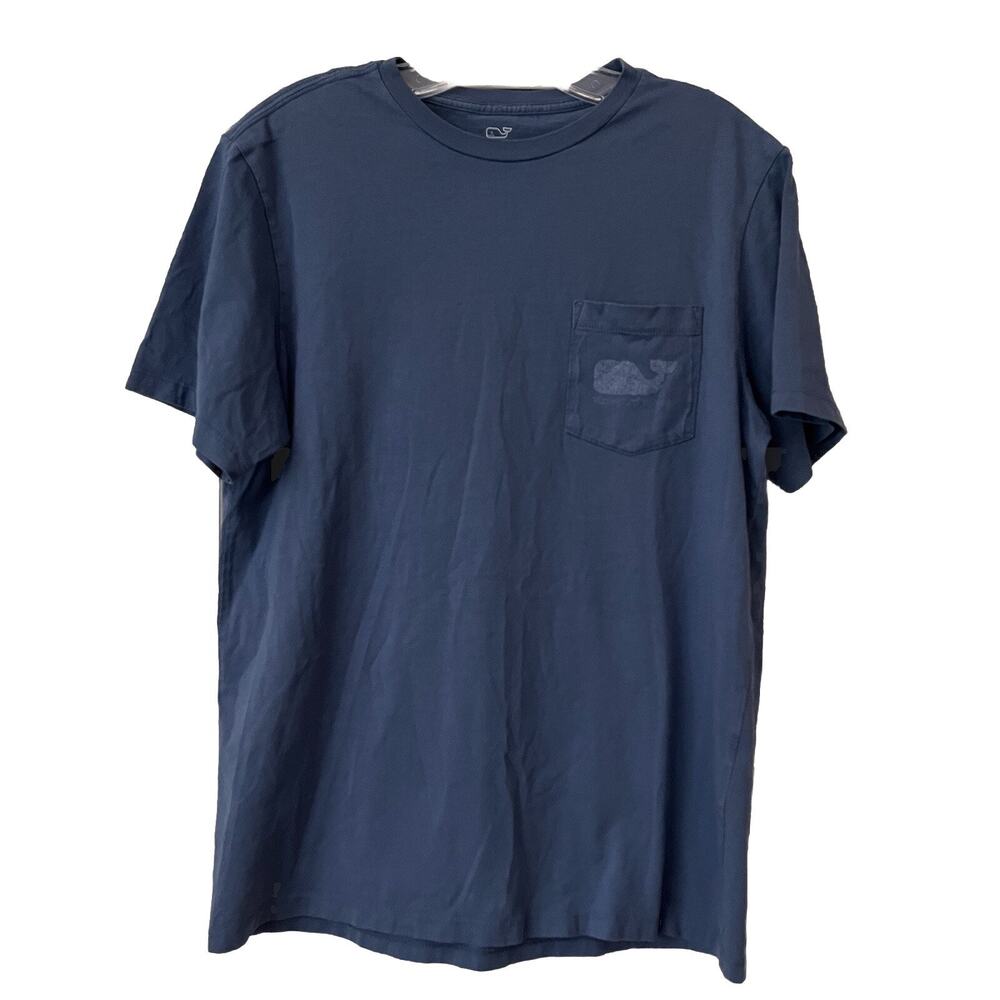 Vineyard Vines Blue Tee front 100% cotton whale graphic print back, size S.